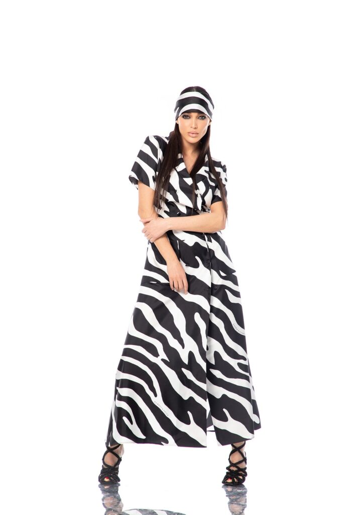Silk dress with foulard all in original zebra print and logo